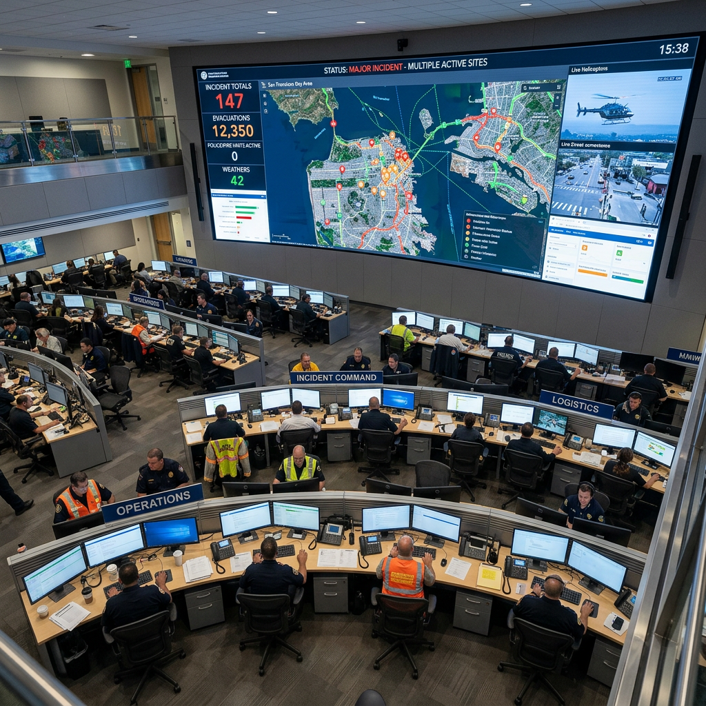 Emergency operations center with multiple workstations facing large screen displaying incident map and status