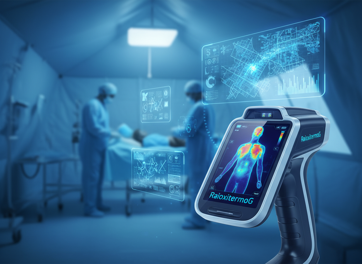 Profissionais de saúde utilizando o dispositivo portátil de imageamento térmico RaioxitermoG em contexto humanitário, monitorando sinais vitais em tempo real em tons de azul